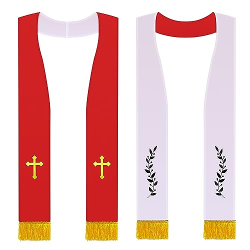 Panitay Embroidered Wedding Reversible Stole with Tassels Clergy Mass Stole with Cross Wedding Pastor Shawl - color: Red and White, style: Classic