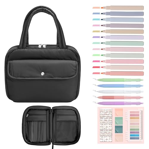 WOBAGMEN Puffy Bible Cover Case for Women with Study Supplies,Soft Bible Bag with Highlighters for Girls, Bible Journaling Kit Christmas Christian Gift for Women (Black, M) - color: Black