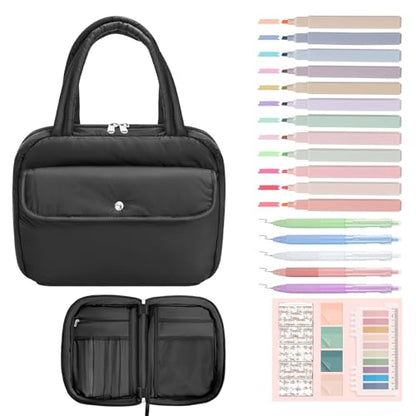 WOBAGMEN Puffy Bible Cover Case for Women with Study Supplies,Soft Bible Bag with Highlighters for Girls, Bible Journaling Kit Christmas Christian Gift for Women (Black, M) - color: Black