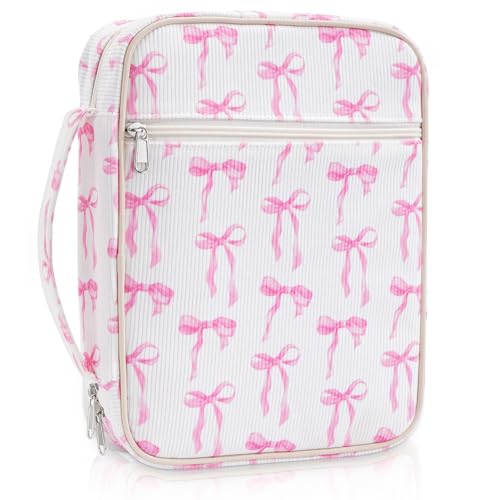 Bible Cover Case for Women Large Corduroy Bow Bible Bag Organizer Quilted Study Supplies Accessories Carrying Cases for Girls Portable Tote Bag Christian Gifts - color: Corduroy Ribbons