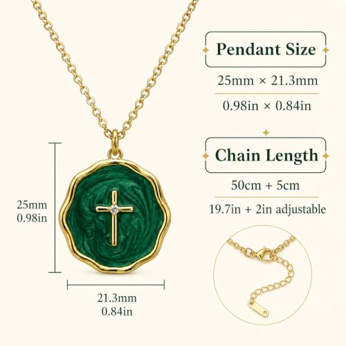 Enamel Cross Necklace for Women 18K Gold Plated Christian Pendant - color: Dark Green
