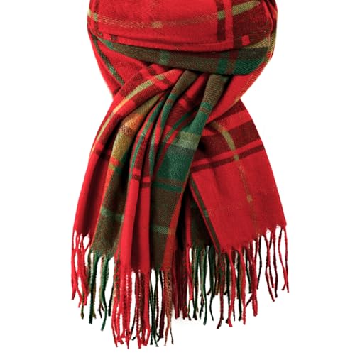 Clothirily Womens Winter Scarf, Oversized Long Blanket Plaid Shawl Wrap - color: Red & Green Plaid