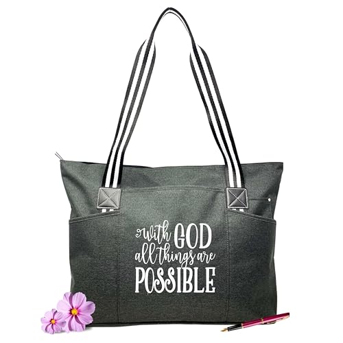 Brooke & Jess Designs Church Bags for Women - Bible Tote Bags for Women, Large Tote Bag for Womens with Zipper - color: With God Tessa Black