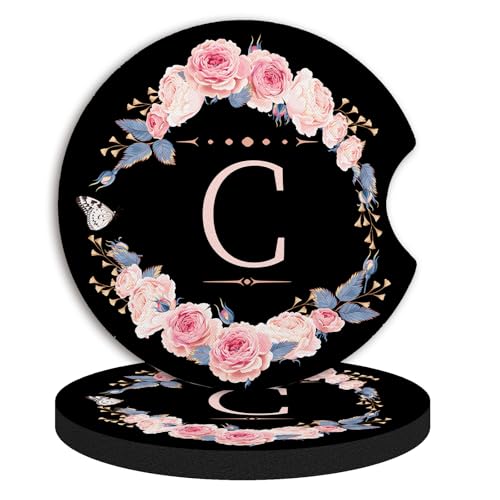 2pcs Letter C Car Coasters,Absorbent Universal neoprener Cup Holder Coasters with a Finger Notch,Car Accessories for Women&Man Interior，2.75" - color: C