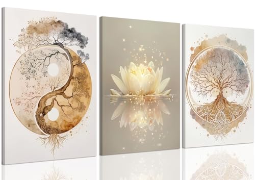 Tree of Life Wall Art Canvas Framed Set of 3 Lotus Zen Wall Decor Painting Poster Abstract YinYang Fall Art Picture Print Artwork for Living Room Yoga Room Bedroom Home Decoration 16x24 inch - color: Tree Canvas A, size: 24L"x16W"