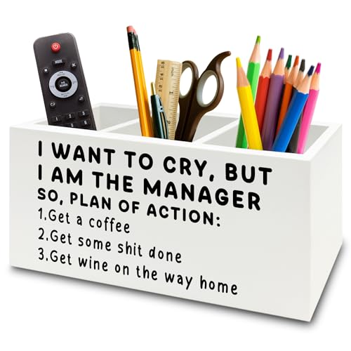 Funny Pen Office Pencil Holder Organizer for Desk, Manager Gifts for Women Men, Funny Coworker Gifts Wooden Box Sign for Home Office Desk Tabletop Decorations - color: colour32