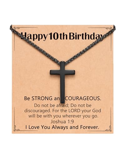 Birthday Gift Cross Necklace for Boy 8–30 Year Old with Joshua Card - style: 10th birthday