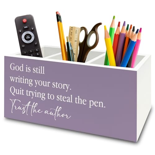 Purple Christian Pen Pencil Holder Organizer for Desk, Christian Gifts for Women, God Is Still Writing Your Story Bible Verse Wooden Box Sign for Home Office Desk Tabletop Decorations - color: colour 15