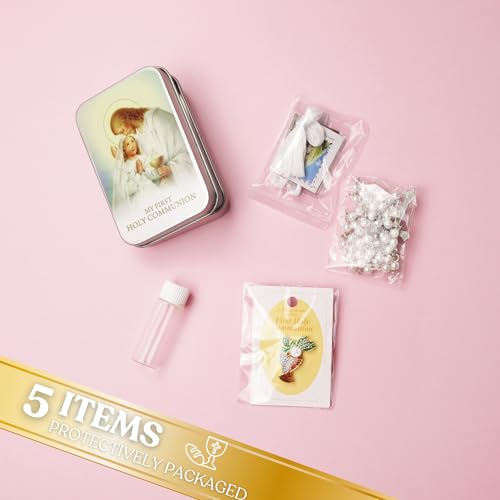 Needzo Girls First Communion White Gift Set, Includes Tin Case, Rosary, Scapular, Holy Water Bottle, and Pin, Catholic Keepsakes, 5 Items