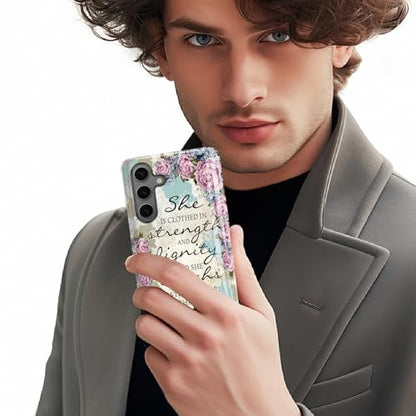 Compatible for Samsung Galaxy S24 Plus 5G Case, 2 Layer Hard Shell Silicone Cover 2 in 1 Shockproof Protective Phone Case,Bible Verse Proverbs 31:25,Purple Flowers - color: Bible Verse Proverbs 31:25,Purple Flowers, size: S24 Plus