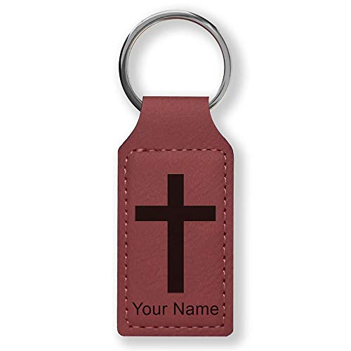 LaserGram Rectangle Keychain, Christian Cross, Personalized Engraving Included - color: Burgundy
