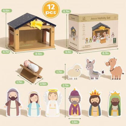WOODENFUN Toy Nativity Set for Kids，Wooden Christmas Nativity Scene Miniature Holy Family Figurines Gifts for Children Boys Girls 3+ Years Old