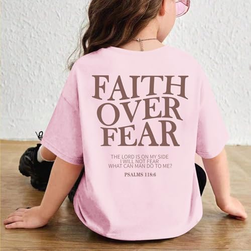 Girls Faith Over Fear Christian Shirts for Kids Jesus God Bible Verse Religious Tshirt Cute Preppy Graphic Tees Tops - color: Pink, size: 11-12 Years