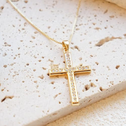 Gold Cross Necklace for Women, 14K Gold Plated - style: All-zircon cross