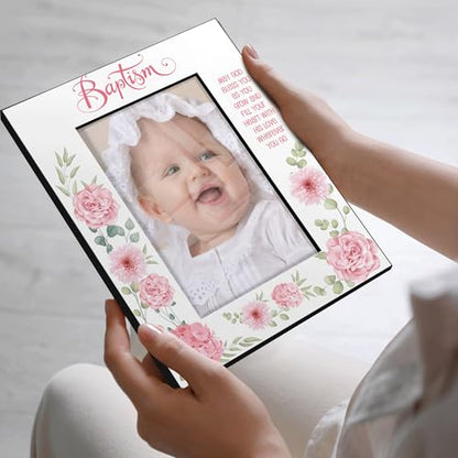 KATE POSH Baptism Picture Frame for Girl, Pink Flowers Decor, Christening, Religisous Gift, From Godparents, New Baby (5x7-Vertical) - size: 5x7-Vertical