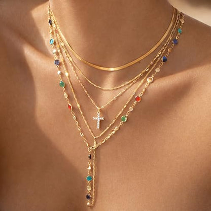 FAXHION 5PCS 14k Gold Plated Cross Necklaces for Women, Pendant Stacked Layered Diamond Y Long Boho Jewelry Sets Adjustable Accessories Trendy Gifts for Women - color: gold-01