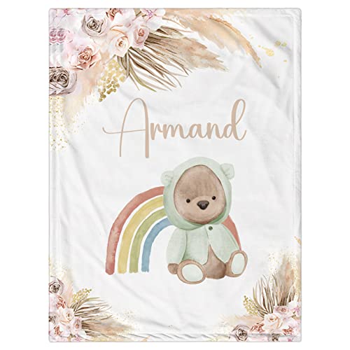 Personalized Baby Blanket for Boys, Custom Baby Blanket with Name Super Soft Personalized Name Blankets for Kids, Custom Bear Blankets for Infant Toddler, Babys Gifts for Birthday - color: Flowers and Bears