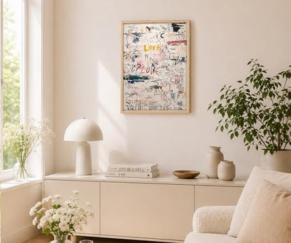 Framed Modern Neutral Abstract Textured Graffiti Love Wall Art, 16x24 Inch - color: Multicolor On White/Cream Background With Red, Yellow, Blue, Black, Green, And Pink Accents, size: 16"L x 24"W