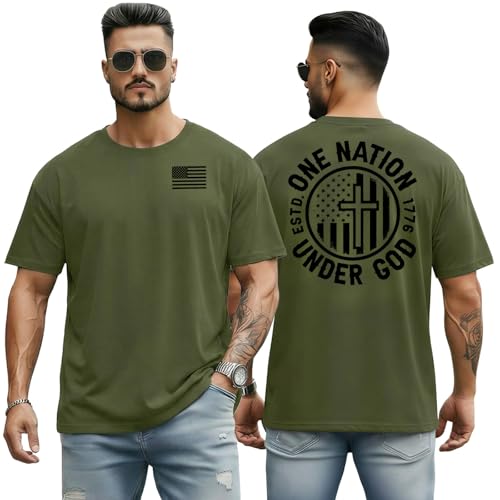 Men's Jesus Christian Shirts Christ America Flag Casual Tops - color: Green-one Nation Under God, size: Medium