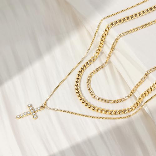 Sterling Silver Cross Necklace for Women Girls Dainty Gold Necklace Stack Non Tarnish Layered Necklaces CZ Cross Pendant Choker Figaro Box Chain Link Layering Stackable Necklaces Trendy Jewelry Gift - color: Gold