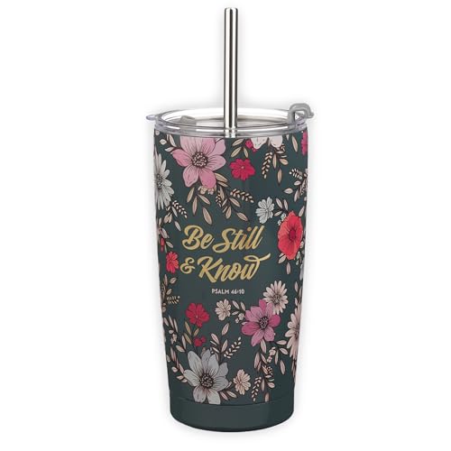 Christian Art Gifts Psalm 46:10 Teal Floral Stainless Steel Travel Tumbler - color: Be Still/Dark Teal Floral