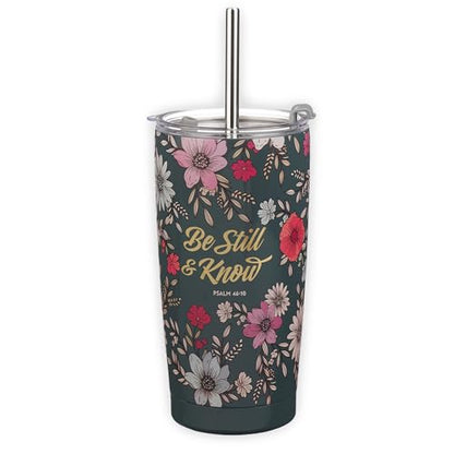 Christian Art Gifts Psalm 46:10 Teal Floral Stainless Steel Travel Tumbler - color: Be Still/Dark Teal Floral