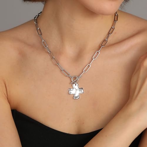 Bheop Chunky Cross Necklace for Women, 14K Gold Silver Statement Necklace - color: SL-Toggle Necklace（1 inch Pendant)