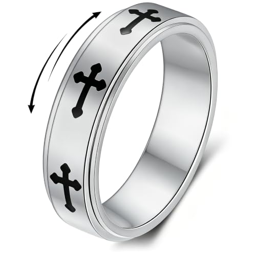Fidget Toys Adults Spinner Women, Cross Anxiety Relief Stainless Steel Dual Layers Thumb Jewelry Spinning Band Silver Gold Plated Size 6 7 8 9 10 (A-Silver-Cross, Size 10) - color: A-Silver-Cross, size: Size 10
