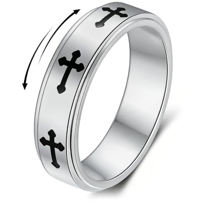 Fidget Toys Adults Spinner Women, Cross Anxiety Relief Stainless Steel Dual Layers Thumb Jewelry Spinning Band Silver Gold Plated Size 6 7 8 9 10 (A-Silver-Cross, Size 10) - color: A-Silver-Cross, size: Size 10