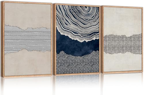 LHIUEM Large Abstract Navy Blue Beige Framed Canvas Wall Art,Modern Tree Rings Shapes Wall Decor,Neutral Retro Wooden Artwork for Living Room,Bedroom,Dining Room,Office -16"x24"x3 - color: Navy Blue Wall Art, size: 16''x24''x3