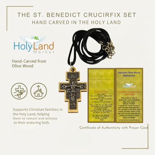 Holy Land Market San Damiano Olive Wood Cross Necklace – 2" Hand-Carved Pendant with Embedded Pewter Crucifix – 30" Leather Cord with Extender – Made in Bethlehem