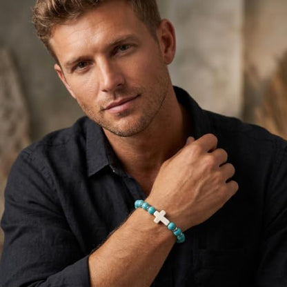 Cross Birthstone Gemstone Beaded Stretch Protection Bracelet for Man Woman, Handmade Healing Stone Chakra Beads Elastic Bracelets Accessories Fashion Jewelry Gift. - color: Turquoise Bead
