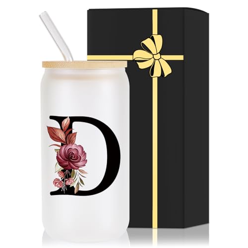 Wulcea Monogrammed Glass Drinking Cup With Lid Straw Cool Grandma Gifts Grandmother Nana Glamma Mawmaw Yaya Abuela Abuelita Grandmas Mamaw Memaw Mimi Nonna Present Granny Oma Meme Christmas Xmas,D - style: Letter D