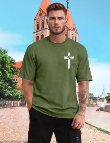 Christian Shirts for Mens Cross Jesus Graphic Tees - color: Green, size: Medium