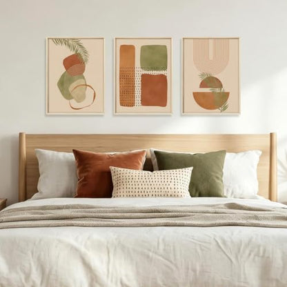 HOURIA Terracotta Sage Green Palm Leaf Framed Canvas Wall Art Set-12"x16"x3 - color: Boho Botanical Wall Art, size: 12"L x 16"W