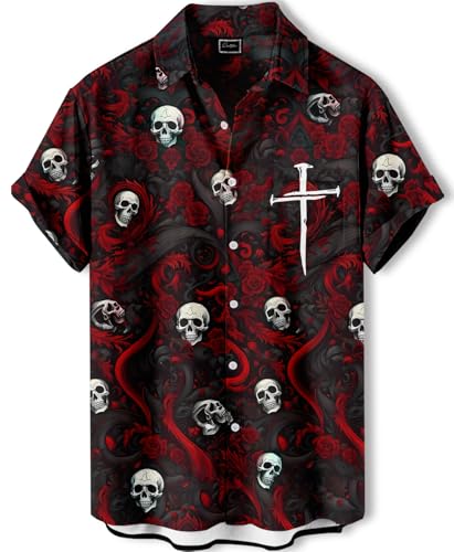 Men's Hawaiian Shirt, Faith and Skull Theme, Short Sleeve Vacation Shirt, Tropical Casual Beach - color: Faith-11, size: Medium