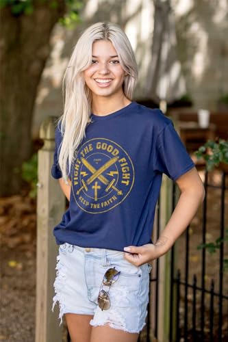 Keep The Faith Christian Graphic T Shirt | Religious Men’s Bible Verse Scripture Tee with Cross and Swords - color: Navy, size: 3X-Large