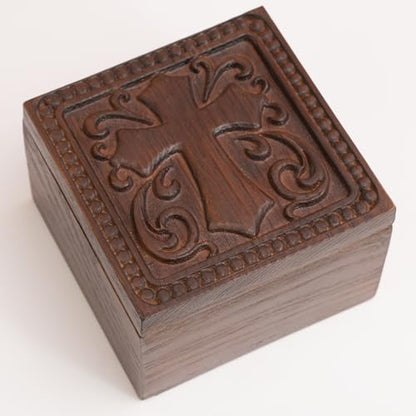 Hand-Carved Wooden Cross Keepsake Box, Christian Prayer Box, Rosary Holder - color: KAT_ KL Cross Keepsake Box