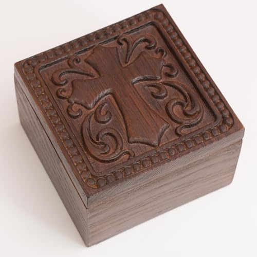 Hand-Carved Wooden Cross Keepsake Box, Christian Prayer Box, Rosary Holder - color: KAT_ KL Cross Keepsake Box