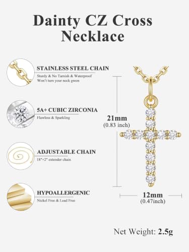 U7 Cross Necklace for Women,CZ Cross Pendant Necklace 18"+2" - color: Gold