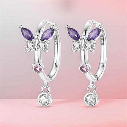 925 Sterling Silver Drop & Dangle Earrings for Women,Butterfly Dragonfly and Bee|Flower and leaf Earrings, Suitable for Sensitive Ears Fashion Jewelry Gift- Hypoallergenic Earrings - color: Purple butterfly