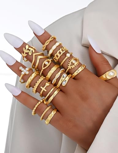 Gold Stackable Rings Set for Women, Gold Plated Chunky Crystal Finger Rings - color: Gold Eye