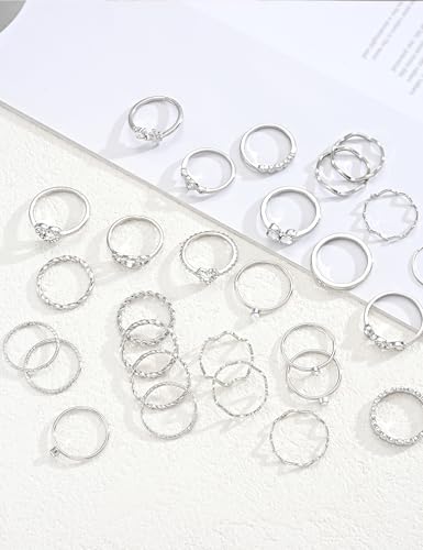Gold Stackable Rings Set for Women, Gold Plated Chunky Crystal Finger Rings - color: Silver Thin Rings