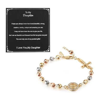 HZMAN Brass Virgin Mary Cross Rosary Bead Bracelet for Women - color: To My Daughter
