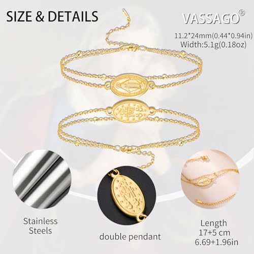 VASSAGO Virgin Mary Bracelet for Women Men Double-Sided Virgen de Guadalupe Rosary Bracelet Medal Handmade Braided Rope Catholic Christian Religious Jewelry Gift - color: gold layered
