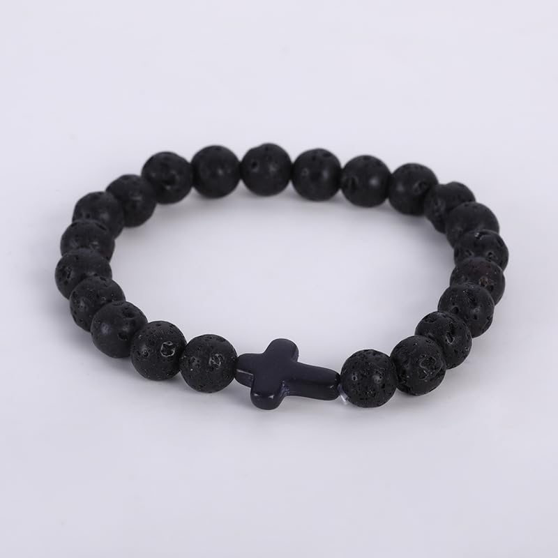 FORUBUS Lava Rock Stone Beaded Bracelet, Cross Charm Natural Volcanic Stone beads Turquoise Stretch Bracelet for Women Men Religion Jewelry Pray Baptism Gift - color: 1pcs black lava