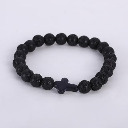 FORUBUS Lava Rock Stone Beaded Bracelet, Cross Charm Natural Volcanic Stone beads Turquoise Stretch Bracelet for Women Men Religion Jewelry Pray Baptism Gift - color: 1pcs black lava