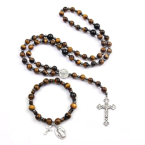 Rosary for Men Women, Natural Stone Beads with St. Benedict Bracelet - color: Tiger Eye