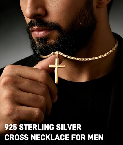 Jewlpire 925 Sterling Silver Cross Necklace for Men, 18k Gold Plated Sterling Silver Cross Necklace with 4mm Stainless Steel Cuban Link Chain for Men, Mens Necklace 16 18 20 22 24 26 Inch - color: Gold Cross Pendant