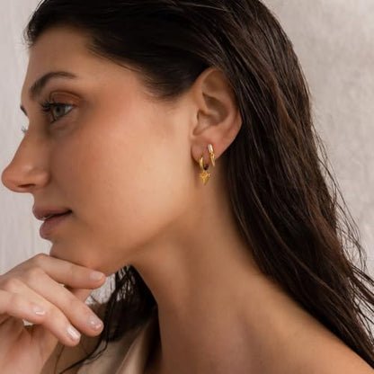 Dangle Earrings for Women, Dainty Huggie Hoop Dangle Earrings - color: Shark Tooth 01 Dangle Gold